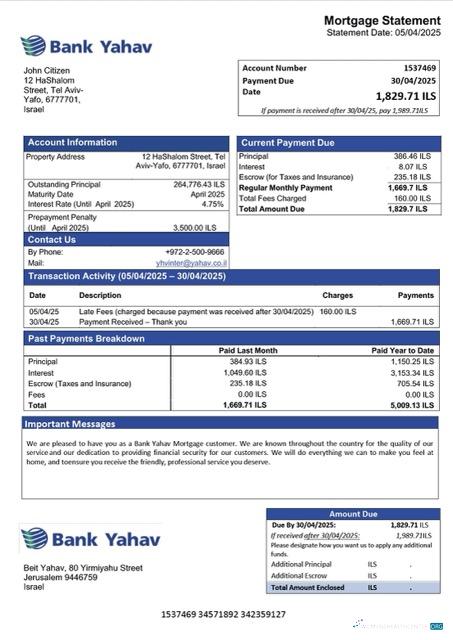 Download Israel Bank Yahav mortgage statement Word and PDF template Photoshop template